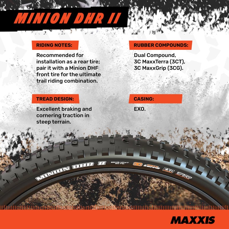 Maxxis ماكسيس مينيون DHR II - 27.5x2.30 - EXO، E25 | مركب مزدوج EXO - تصنيف E25، بدون أنابيب | قوة كبح ممتازة وثبات في الزوايا على التضاريس الوعرة - Image 3